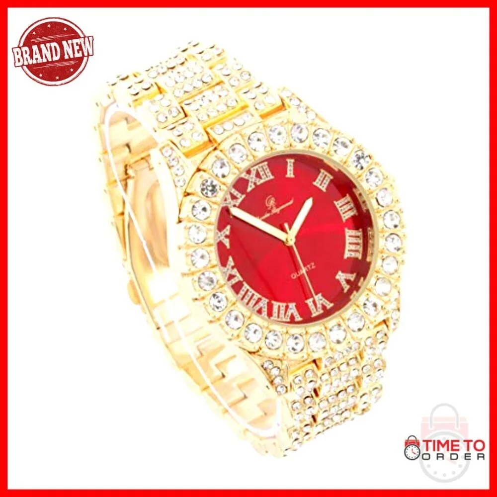 Men's Gold Tone Watch Set with Simulated Diamonds and Cuban Chain Bracelet